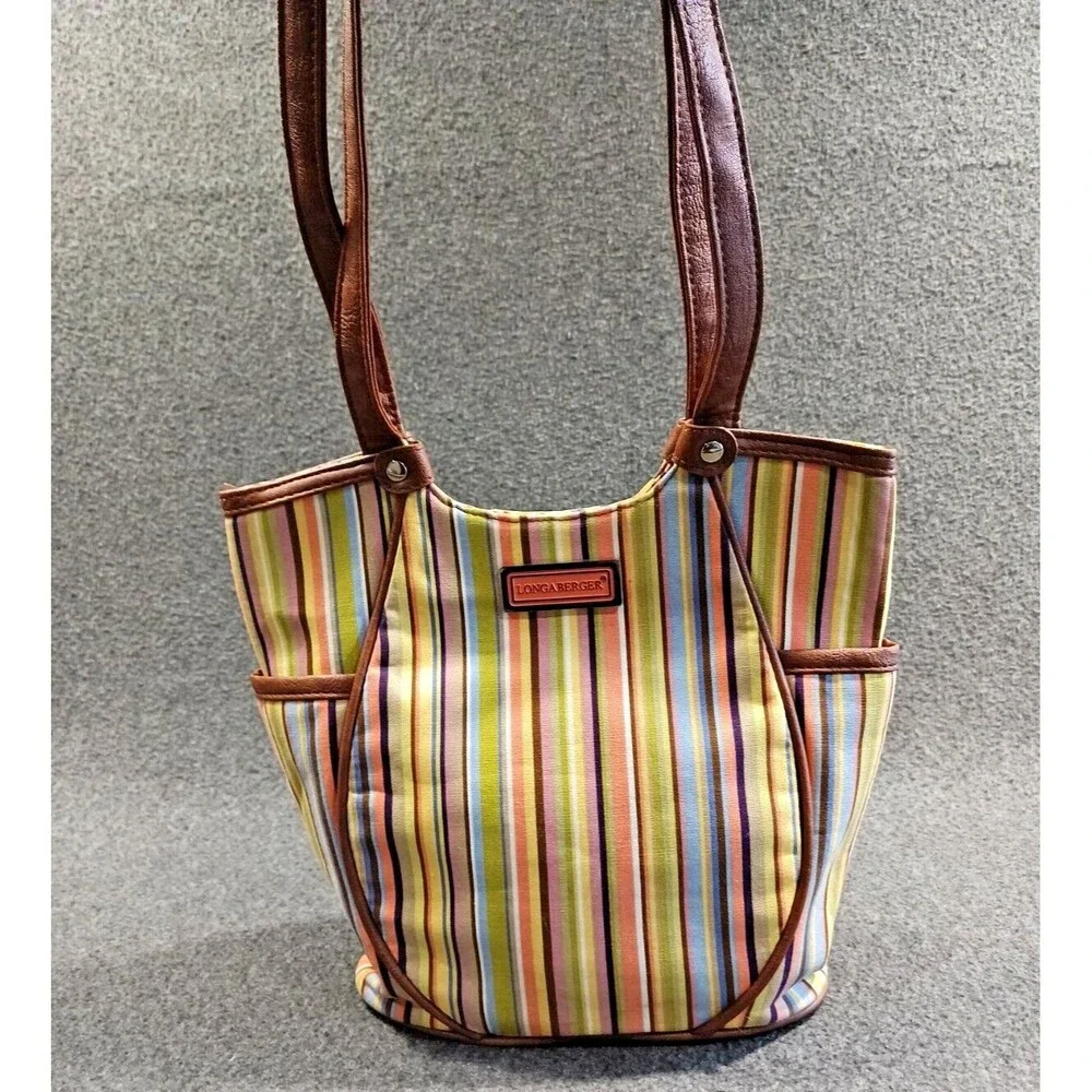 Longaberger Tote Bag Multicolor Stiped Brown Leather Handles and Bottom Pockets
